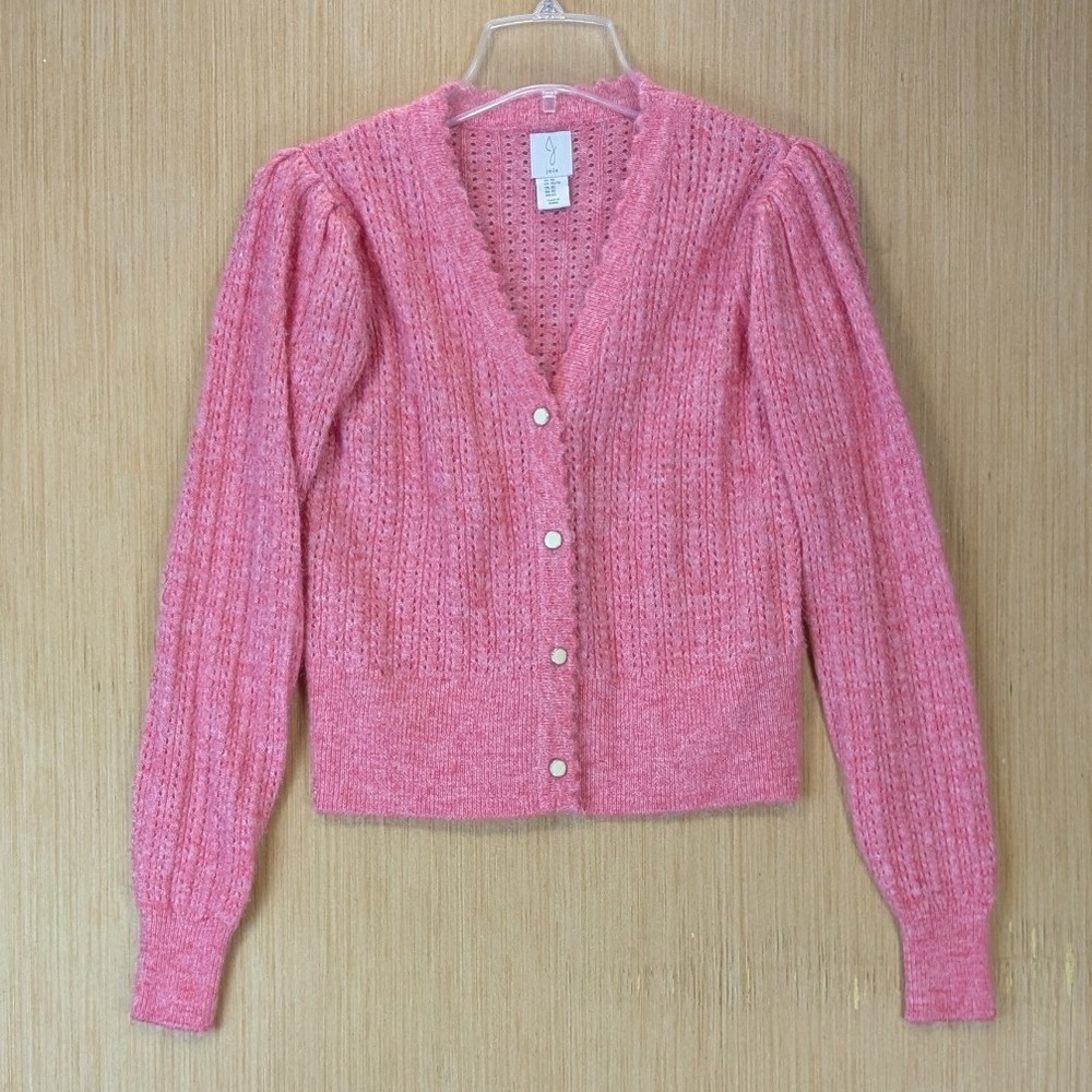 Joie Womens Preppy Coquette Dainty Knit Cardigan Sweater XS Pink Puff Sleeve